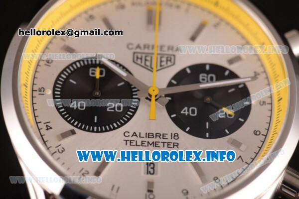 Tag Heuer Carrera Calibre 18 Chronograph Miyota Quartz Steel Case with White Dial Stick Markers and Yellow/Black Nylon Strap - Yellow Inner Bezel - Click Image to Close